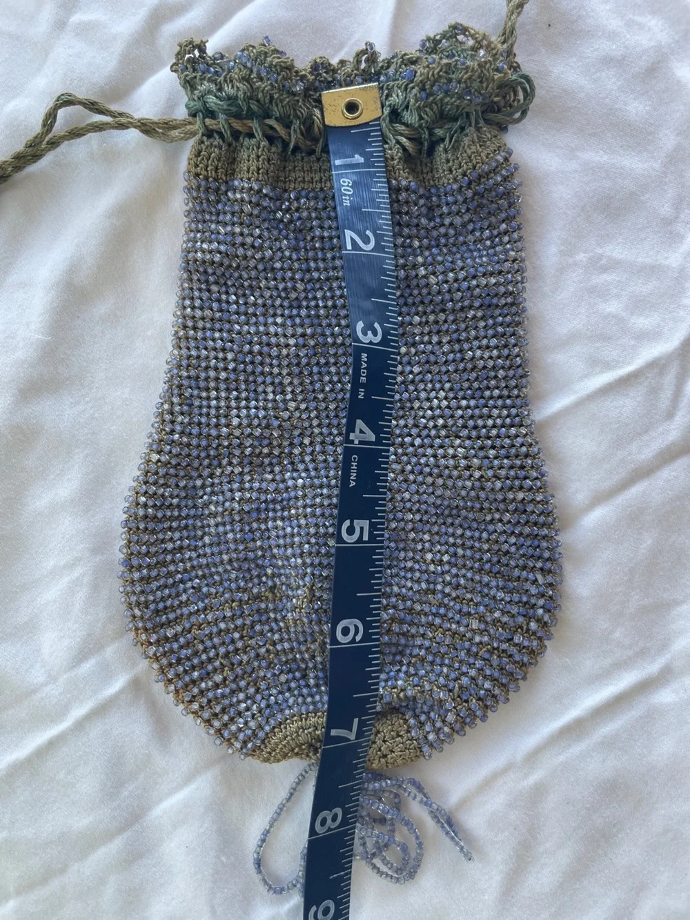 Antique Early 1900s Hand Beaded Crochet Reticule Purse Silk Lined